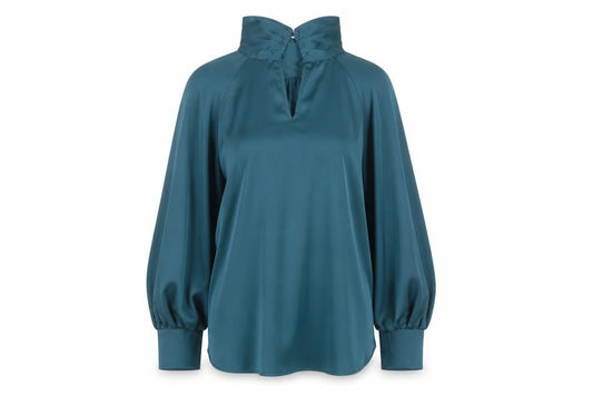 Front view of Gallery Women's Blue Satin High Neck Long Sleeve Tunic Blouse, size 10