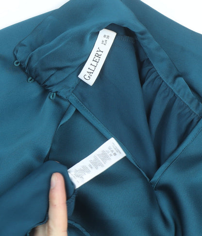 Gallery Women's Blue Satin High Neck Long Sleeve Tunic Blouse Size 10