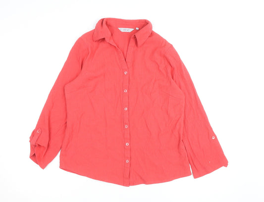 EWM Women Coral Button-Up Blouse Size 12 Long Sleeve Polyester Blend