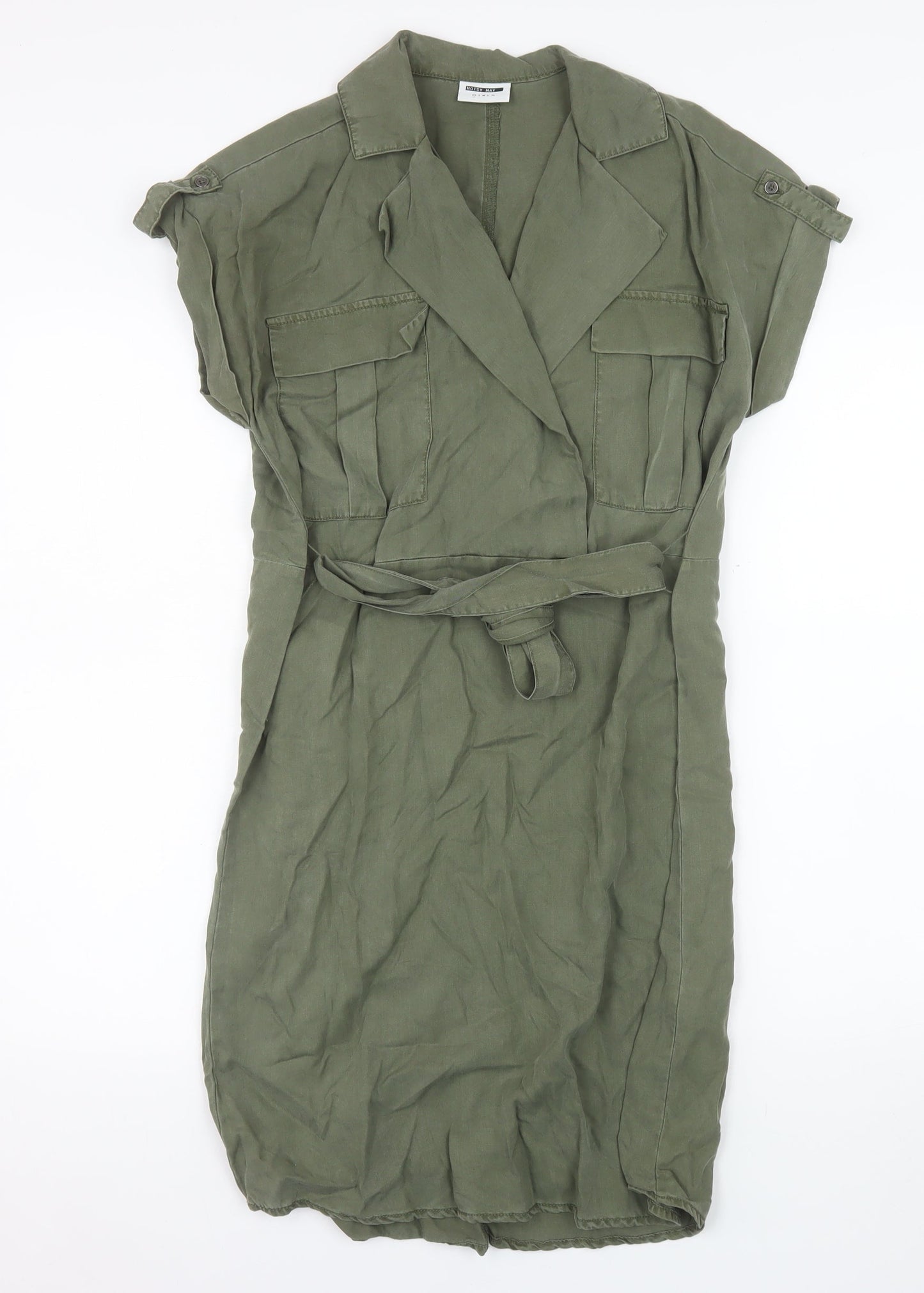 Noisy May Women Green Lyocell Shirt Dress L Lightweight Belted