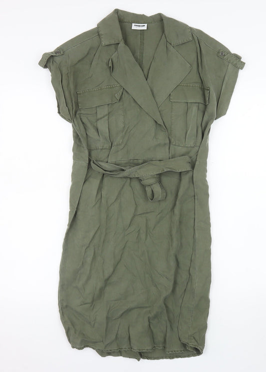 Noisy May Women Green Lyocell Shirt Dress L Lightweight Belted