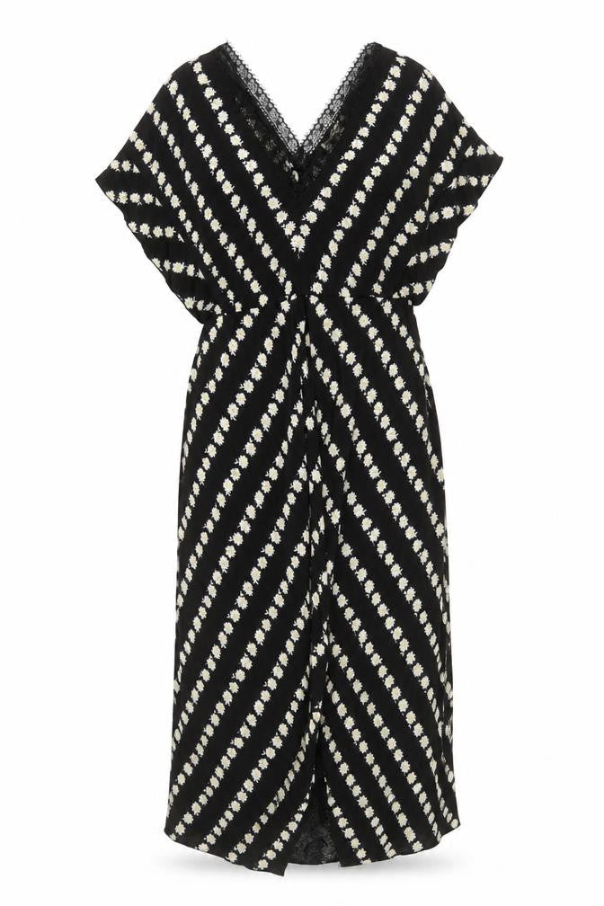Maje Women's Black Daisy Floral Lace Trim Midi Wrap Dress Size 8