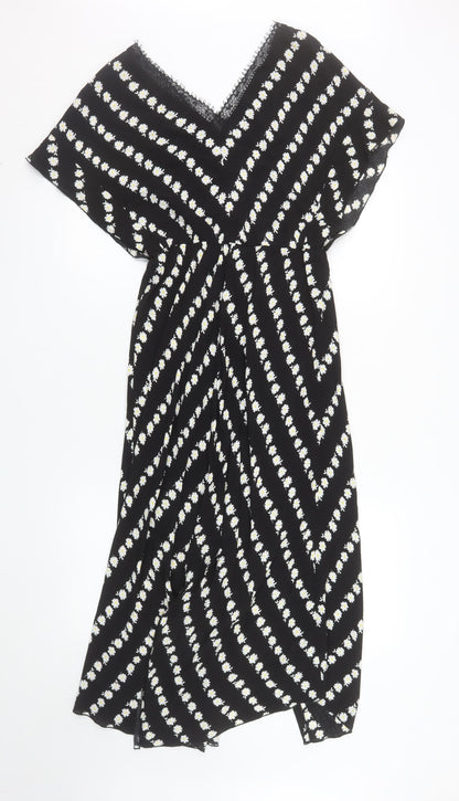 Maje Women's Black Daisy Floral Lace Trim Midi Wrap Dress Size 8