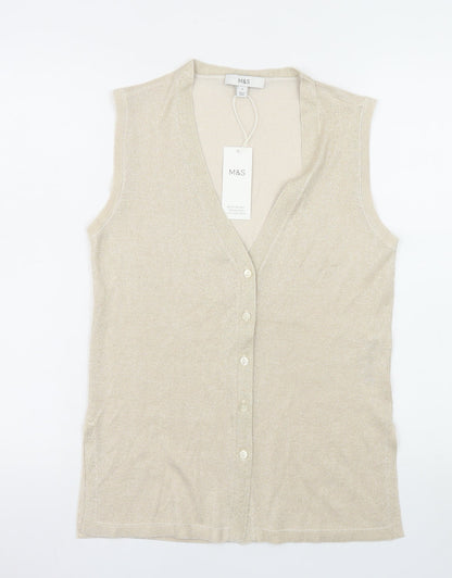Marks and Spencer Women Beige Sleeveless V-Neck Knit Vest Small