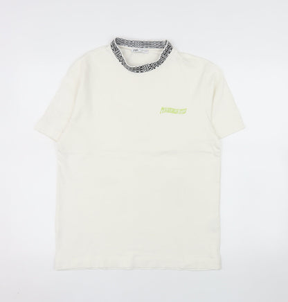 Zara Men's White Short Sleeve Crew Neck Cotton T-Shirt S Checker Collar