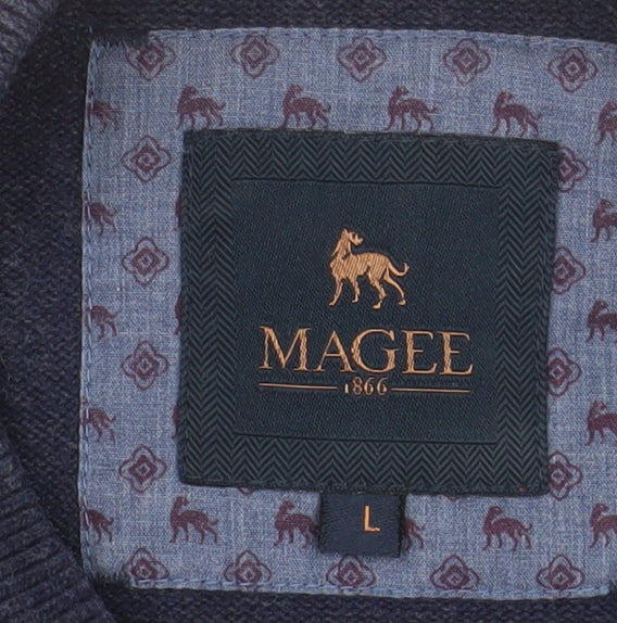 Magee 1866 Men's Blue Wool Crew Neck Jumper Size L Classic Knit