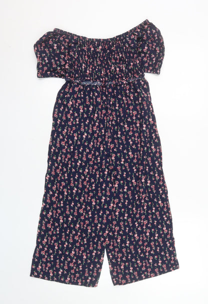 Next Girls Blue Floral Off Shoulder Playsuit Size 8 Years Viscose