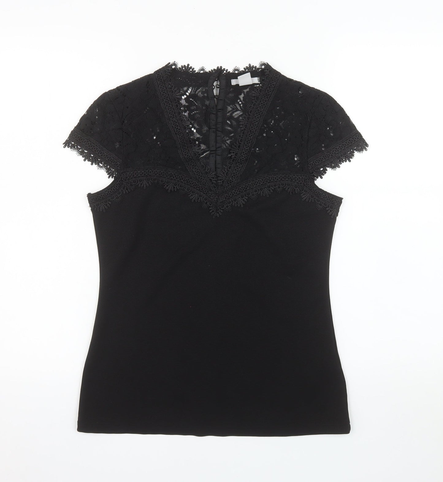 H&M Women’s Black Lace Trim Short Sleeve V-Neck Blouse Size 8