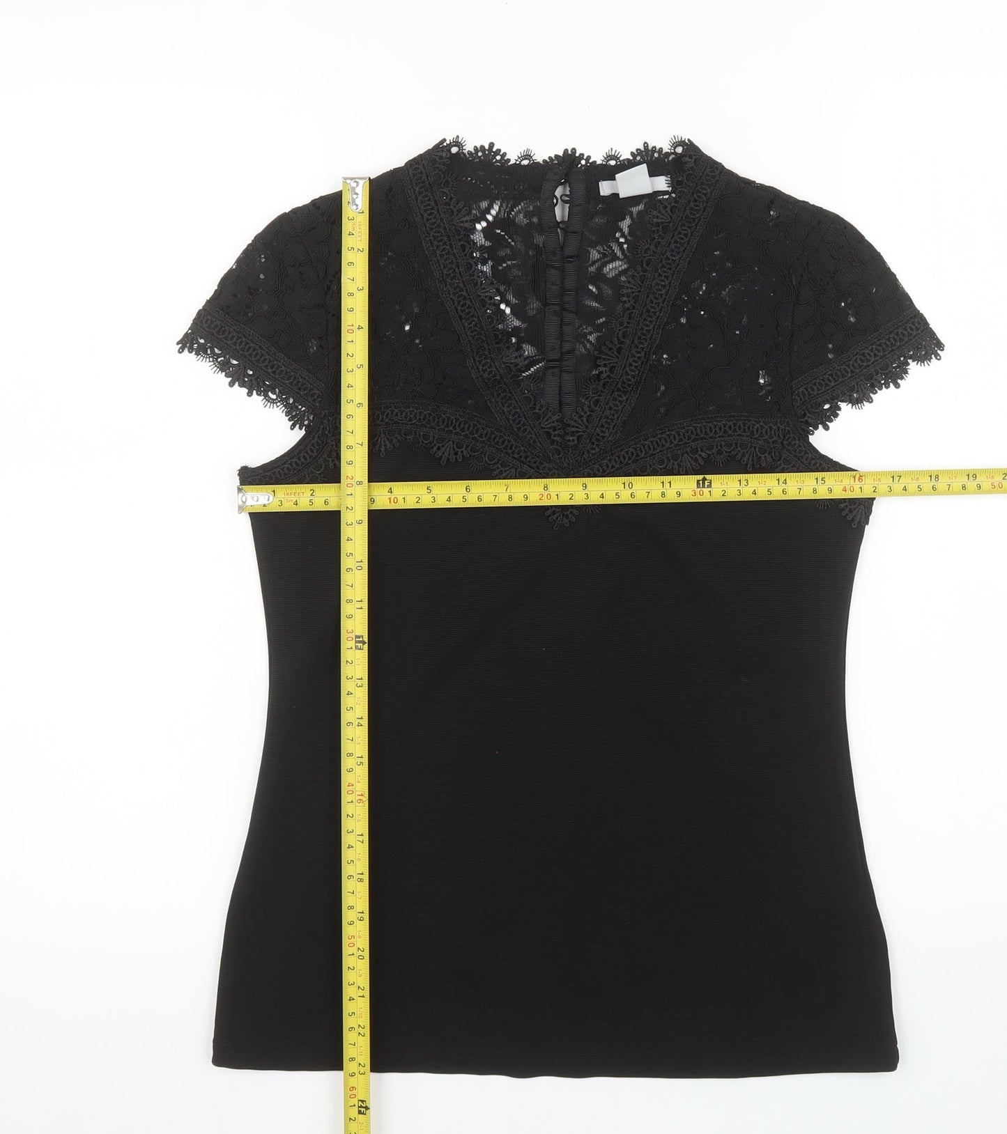 H&M Women’s Black Lace Trim Short Sleeve V-Neck Blouse Size 8