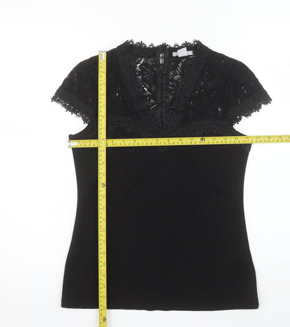 H&M Women’s Black Lace Trim Short Sleeve V-Neck Blouse Size 8