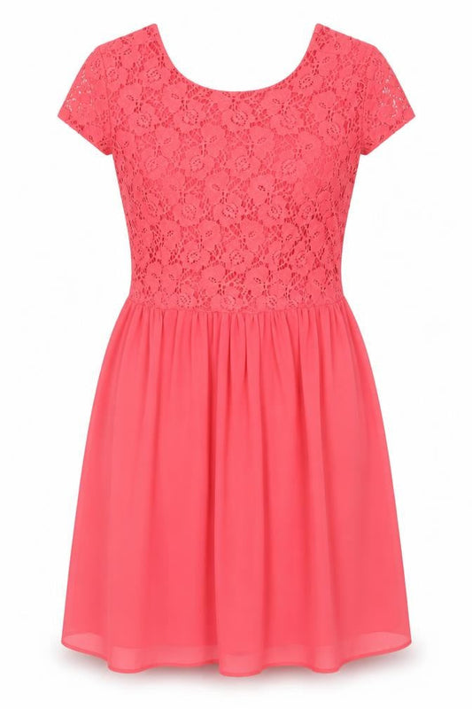 Front view of Atmosphere Women Pink Lace Fit & Flare Dress, size 14, Short Sleeve