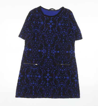 Dunnes Women Blue Black Shift Dress Size 12 Short Sleeve Zip Detail