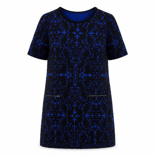 Front view of Dunnes Women Blue Black Shift Dress, size 12, Short Sleeve Zip Detail