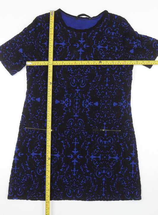 Dunnes Women Blue Black Shift Dress Size 12 Short Sleeve Zip Detail