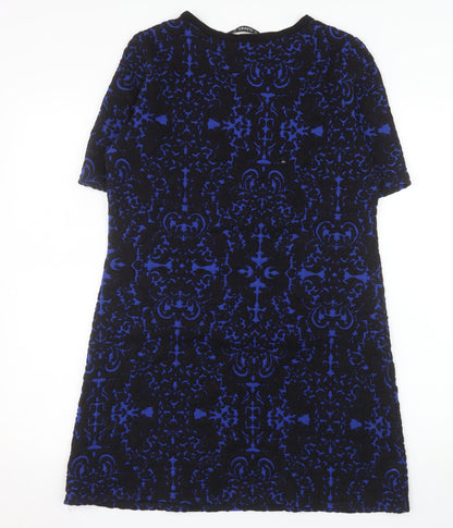 Dunnes Women Blue Black Shift Dress Size 12 Short Sleeve Zip Detail