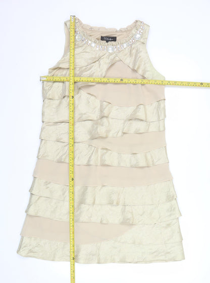 S.L. Fashions Women Beige Size 16 Beaded Layered Shift Dress