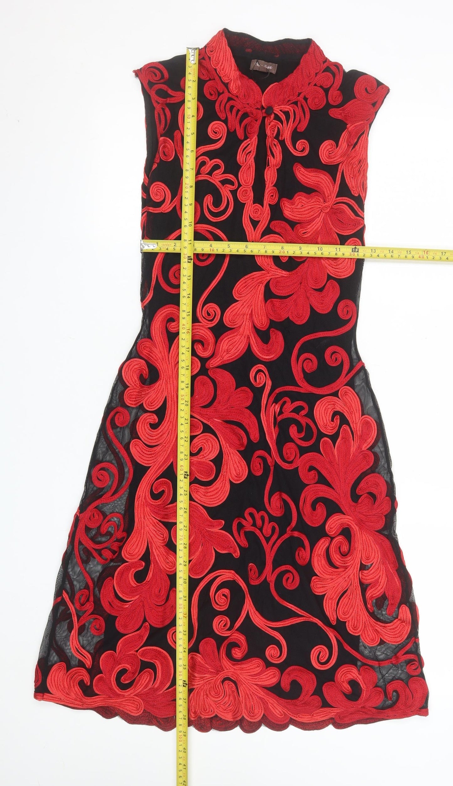 Phase Eight Women's Black Red Floral Embroidered Sheath Dress Size 10