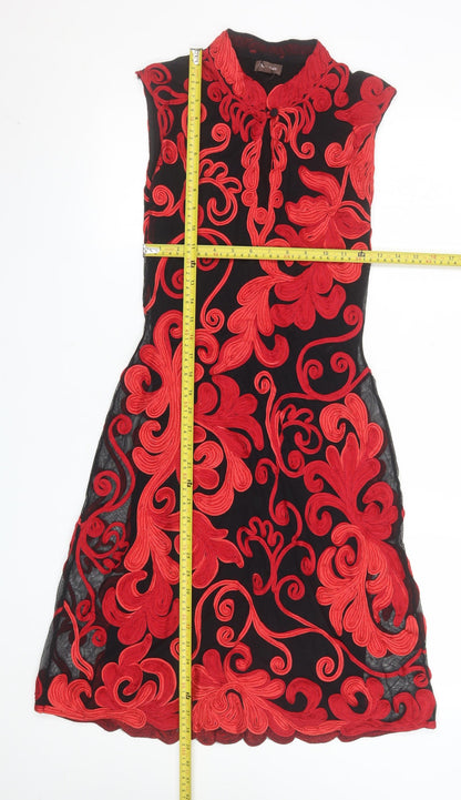 Phase Eight Women's Black Red Floral Embroidered Sheath Dress Size 10