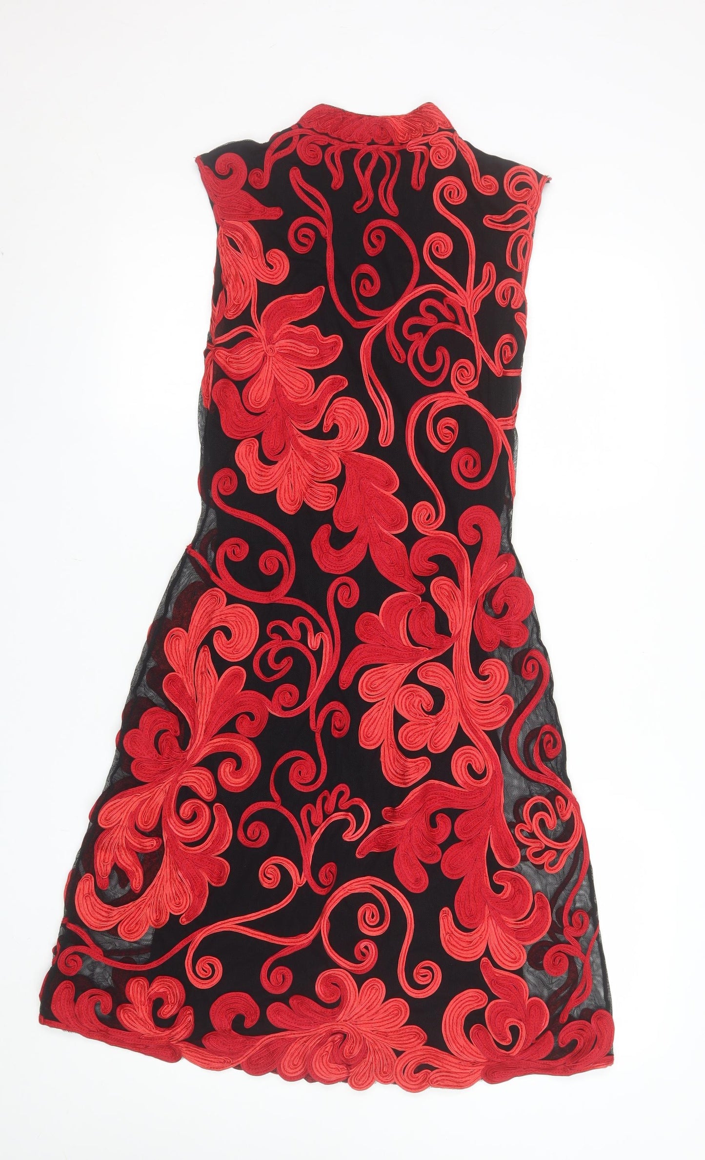 Phase Eight Women's Black Red Floral Embroidered Sheath Dress Size 10