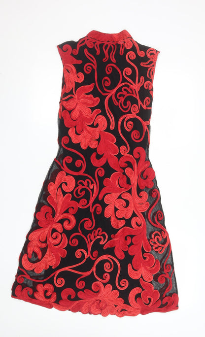 Phase Eight Women's Black Red Floral Embroidered Sheath Dress Size 10