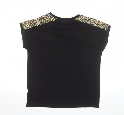 Lipsy Women’s Black Leopard Print Shoulder Pocket T-Shirt Size 10