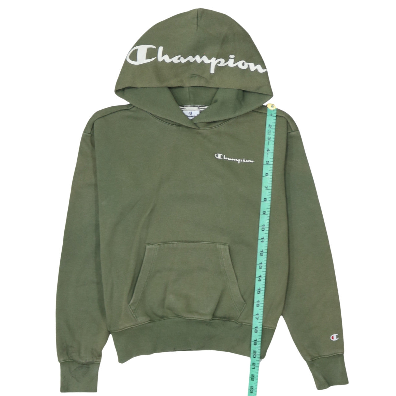 Champion Womens Khaki Green Pullover Hoodie XS Cotton Blend Logo