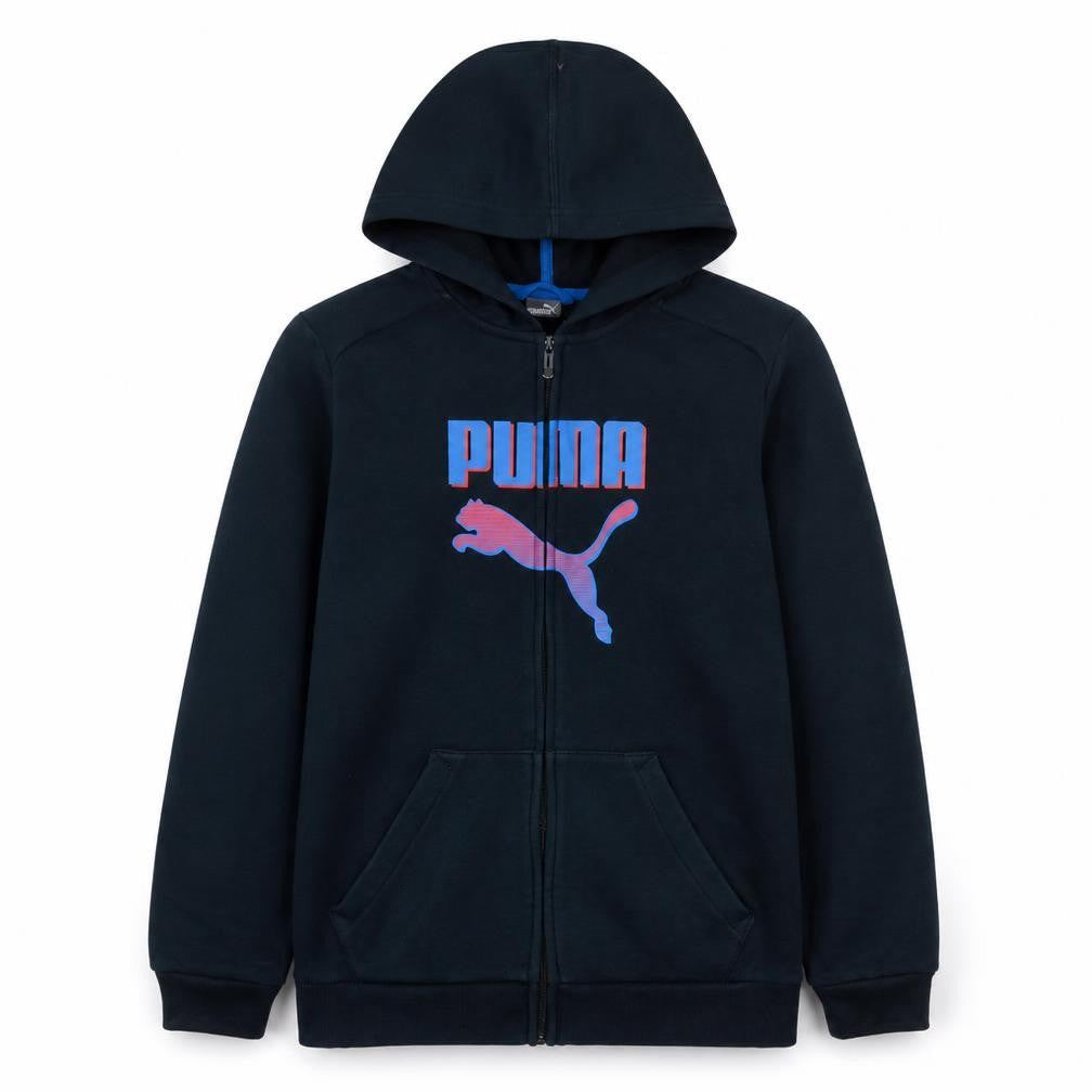 Front view of Puma boys’ black full zip hoodie 15-16 years graphic logo fleece