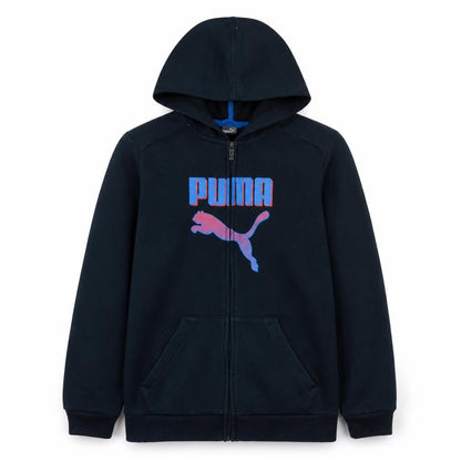 Front view of Puma boys’ black full zip hoodie 15-16 years graphic logo fleece