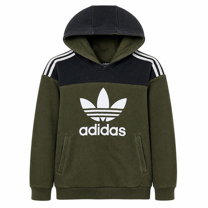 Front view of Adidas boys’ green colourblock pullover hoodie 13-14 years hooded sweatshirt