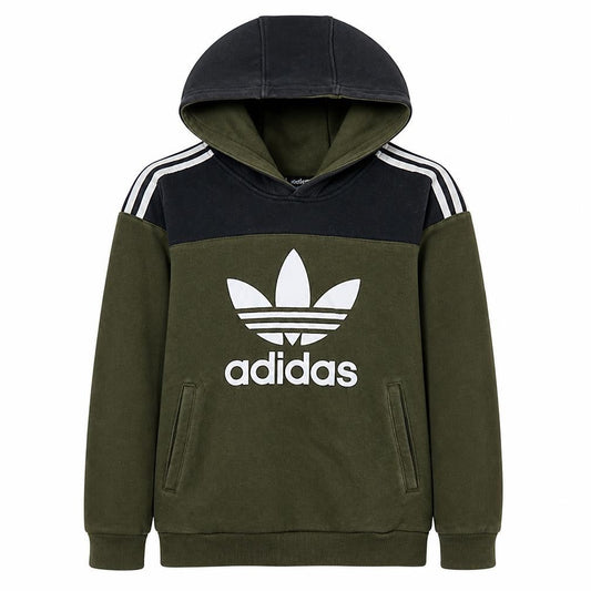 Front view of Adidas boys’ green colourblock pullover hoodie 13-14 years hooded sweatshirt