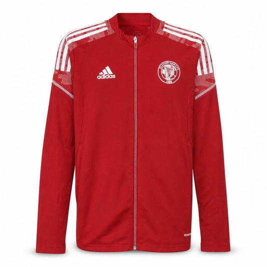 Front view of Adidas Men's Red Track Jacket, size S, Regular Fit Football Primeblue