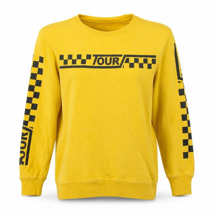 Front view of Bieber unisex yellow crew neck tour sweatshirt, size M, cotton