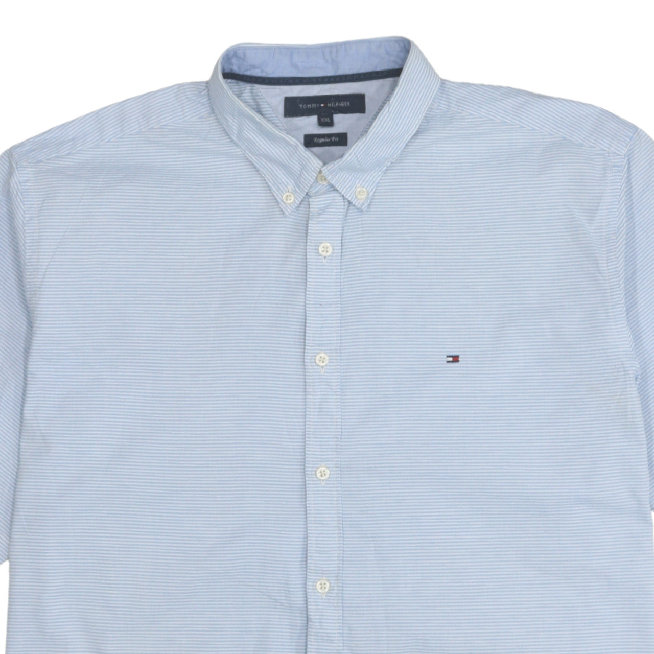 Tommy Hilfiger Men's Blue Striped 2XL Short Sleeve Button-Up Shirt