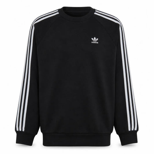 Front view of Adidas Men's Black Small Pullover Sweatshirt Crew Neck Logo Stripe
