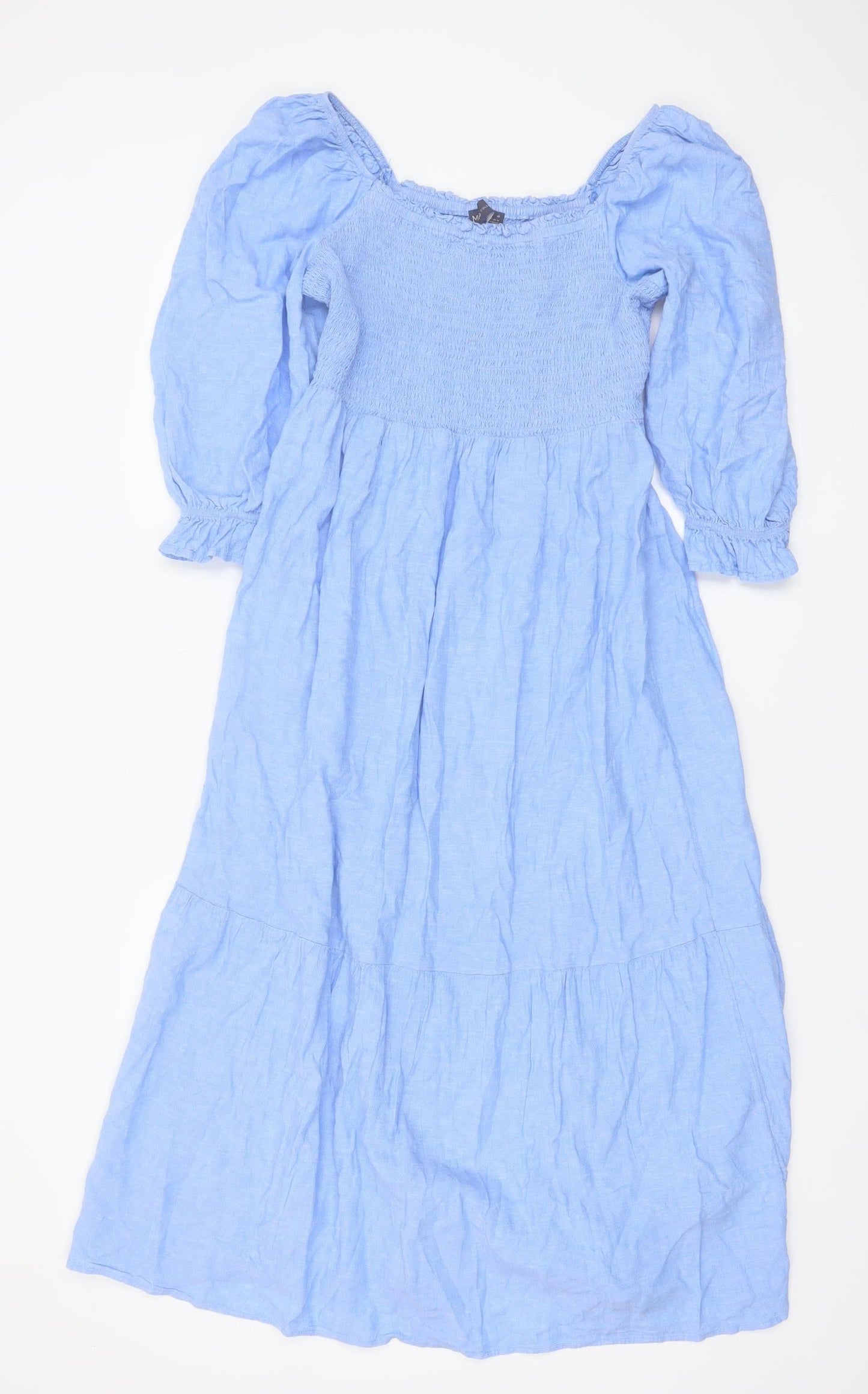 Marks and Spencer Women’s Blue Linen Blend Puff Sleeve Midi Dress Size 10