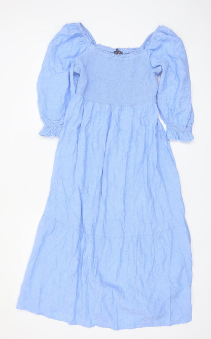 Marks and Spencer Women’s Blue Linen Blend Puff Sleeve Midi Dress Size 10