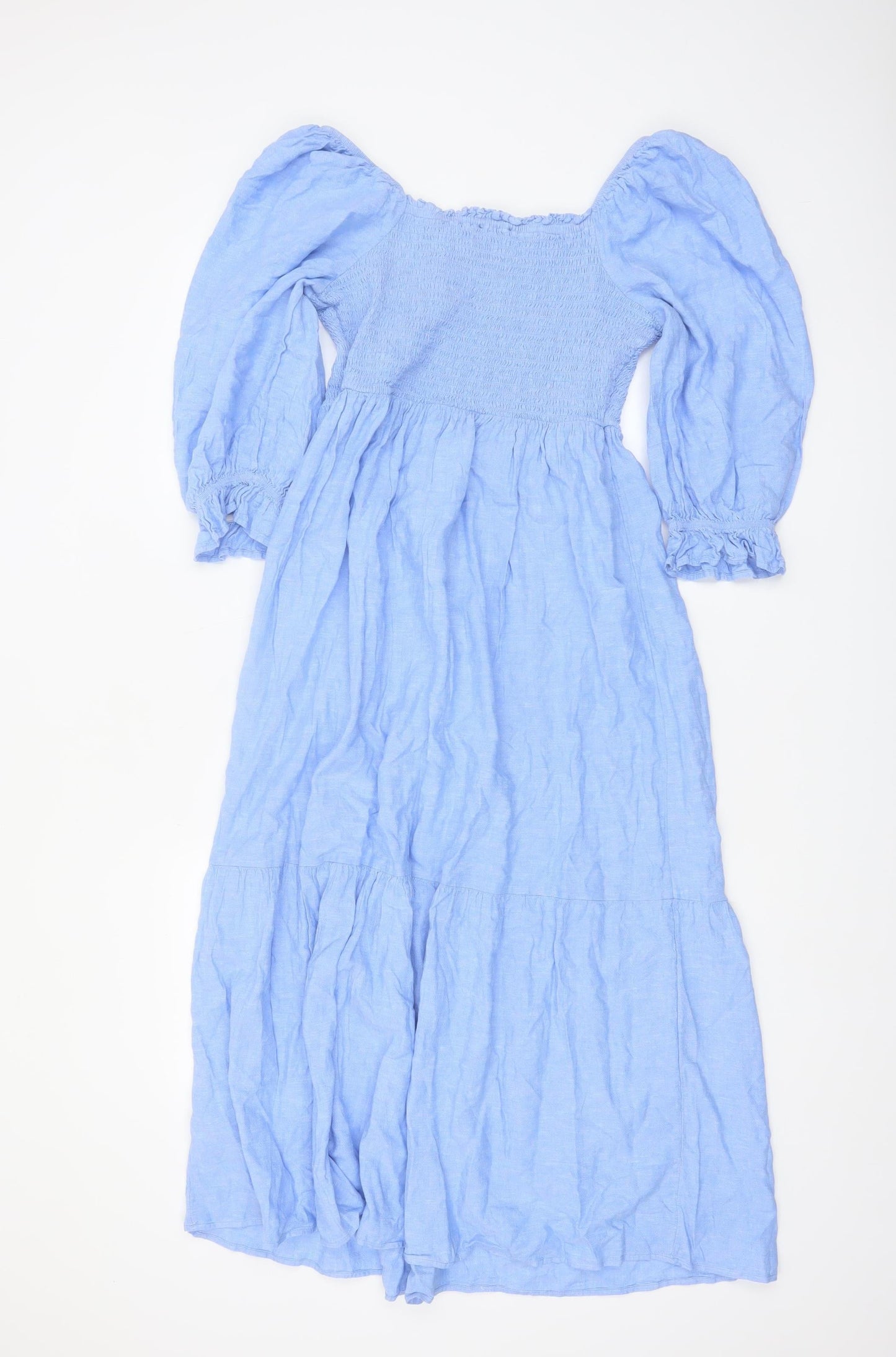 Marks and Spencer Women’s Blue Linen Blend Puff Sleeve Midi Dress Size 10