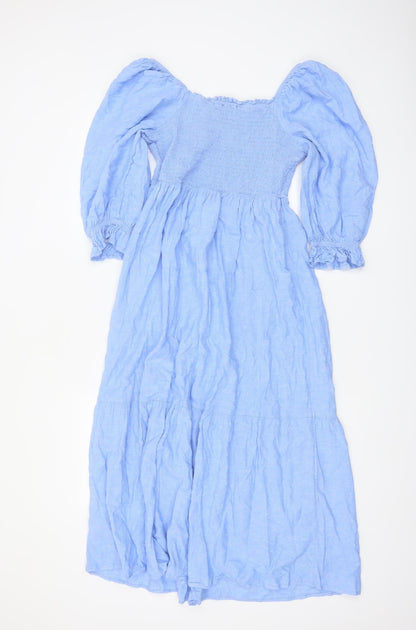 Marks and Spencer Women’s Blue Linen Blend Puff Sleeve Midi Dress Size 10