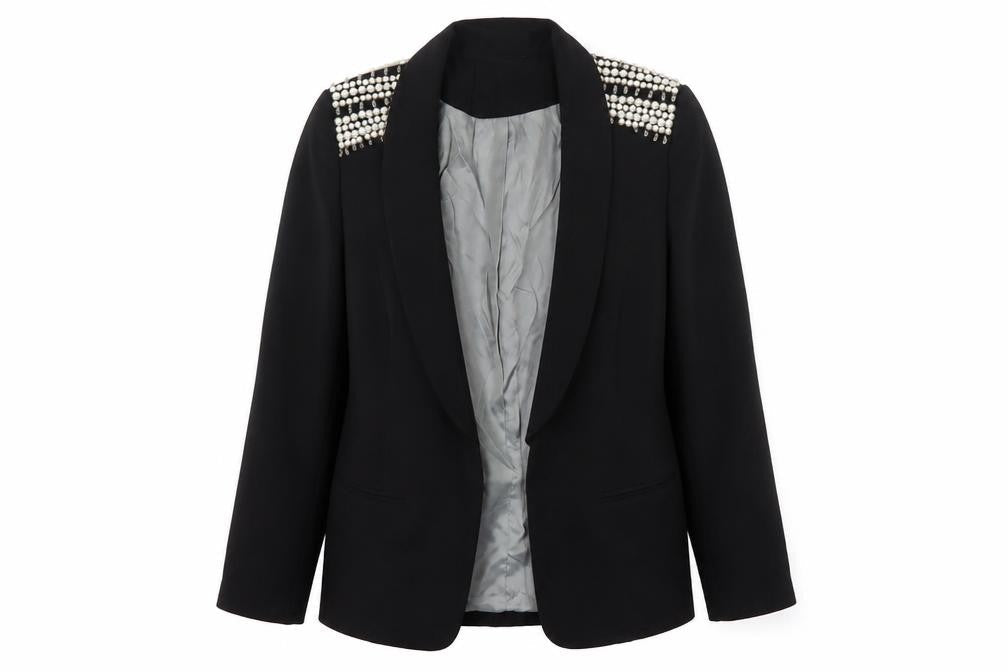 Johnny's Fashion Women Black Shawl Lapel Embellished Blazer Size S