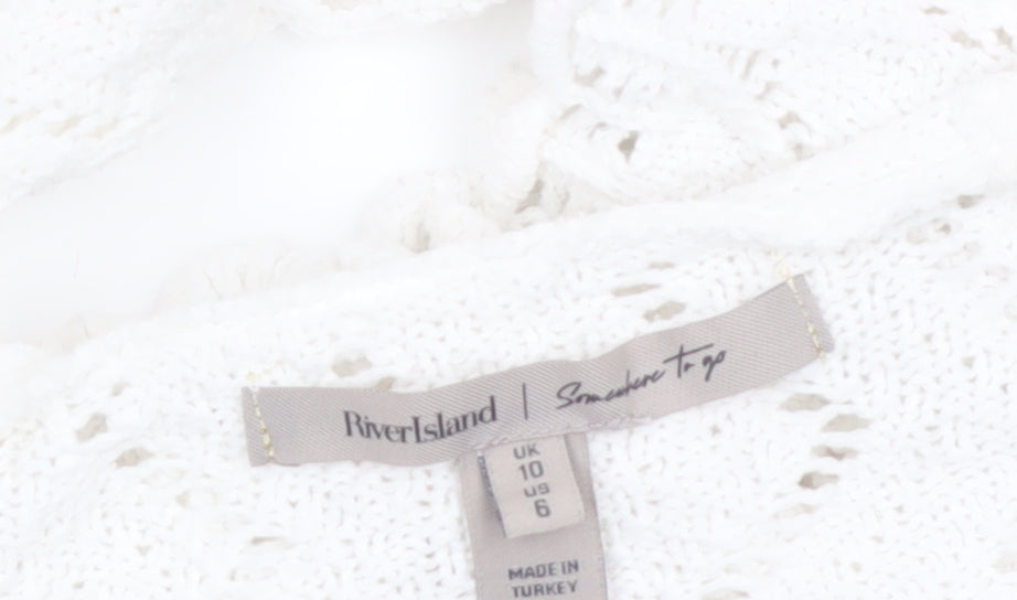River Island Women White Knit Cropped V-Neck Cardigan Size 10
