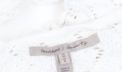 River Island Women White Knit Cropped V-Neck Cardigan Size 10