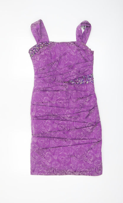 Libra Women’s Purple Floral Ruched Beaded Bodycon Dress Size 10