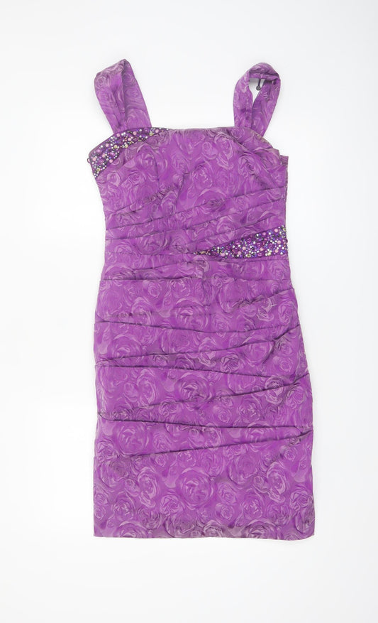 Libra Women’s Purple Floral Ruched Beaded Bodycon Dress Size 10