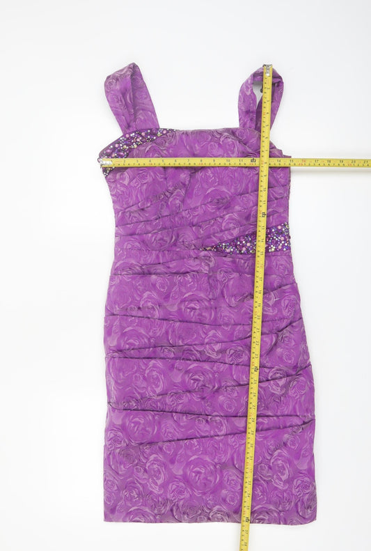 Libra Women’s Purple Floral Ruched Beaded Bodycon Dress Size 10