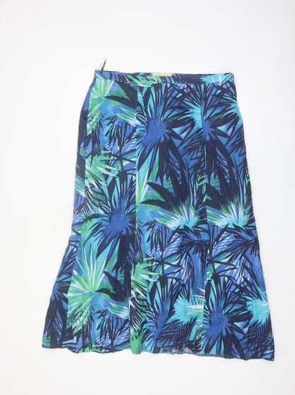 Viyella Women Blue Linen A-Line Midi Skirt Size 14 Tropical Print