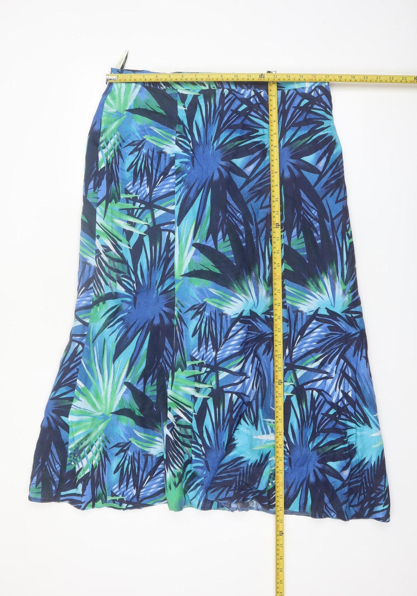 Viyella Women Blue Linen A-Line Midi Skirt Size 14 Tropical Print
