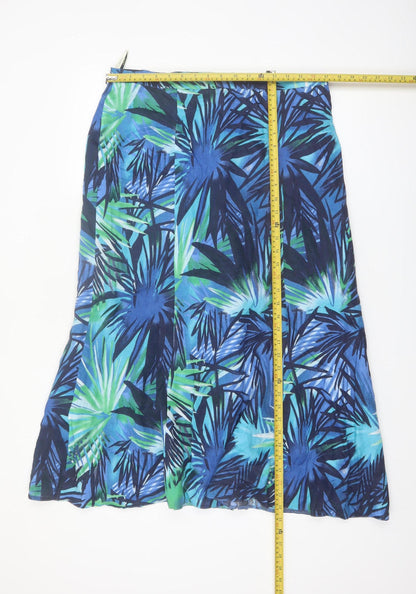 Viyella Women Blue Linen A-Line Midi Skirt Size 14 Tropical Print