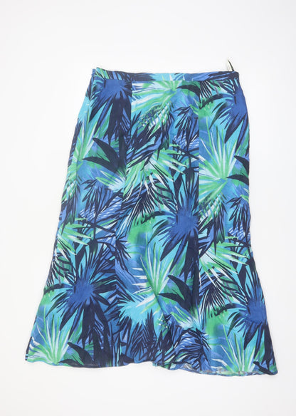 Viyella Women Blue Linen A-Line Midi Skirt Size 14 Tropical Print