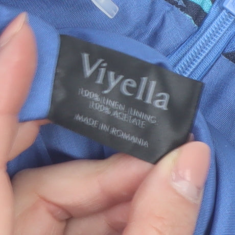 Viyella Women Blue Linen A-Line Midi Skirt Size 14 Tropical Print