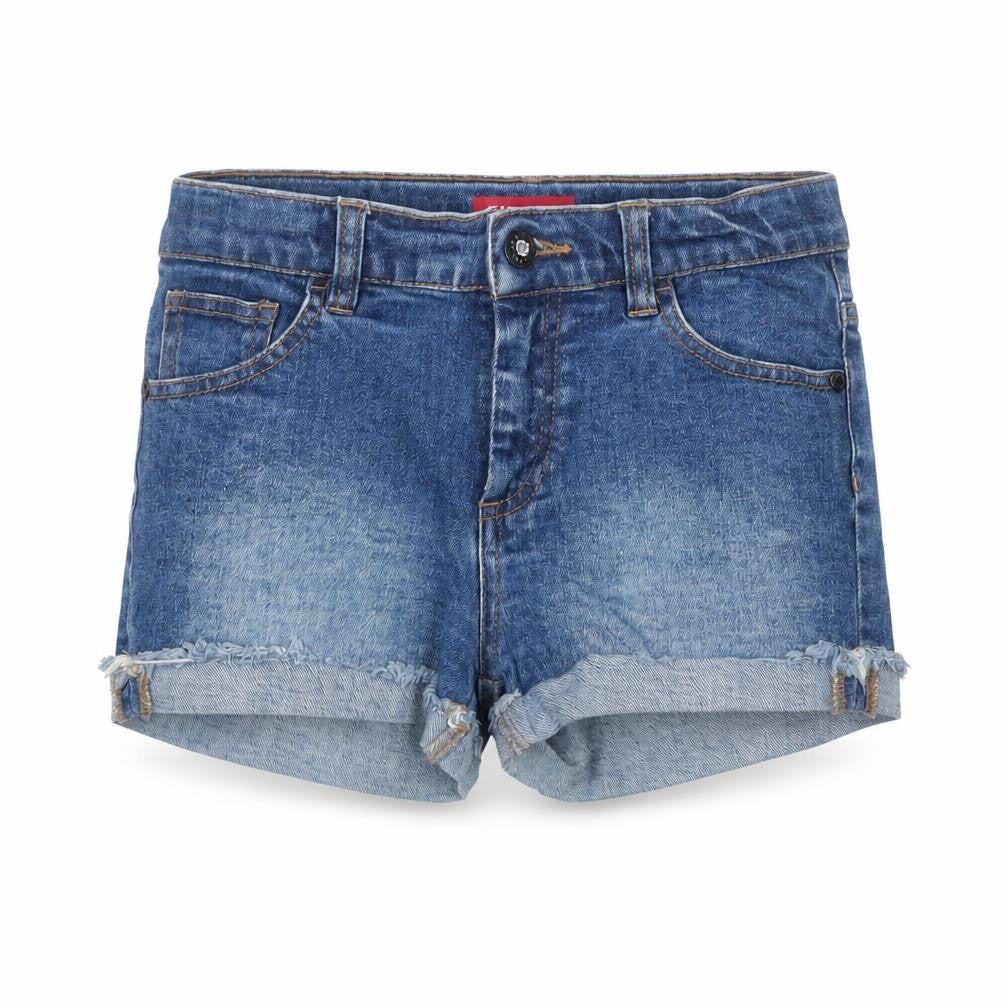Front view of Guess Kids girls’ blue denim cut-off shorts age 10 years distressed style
